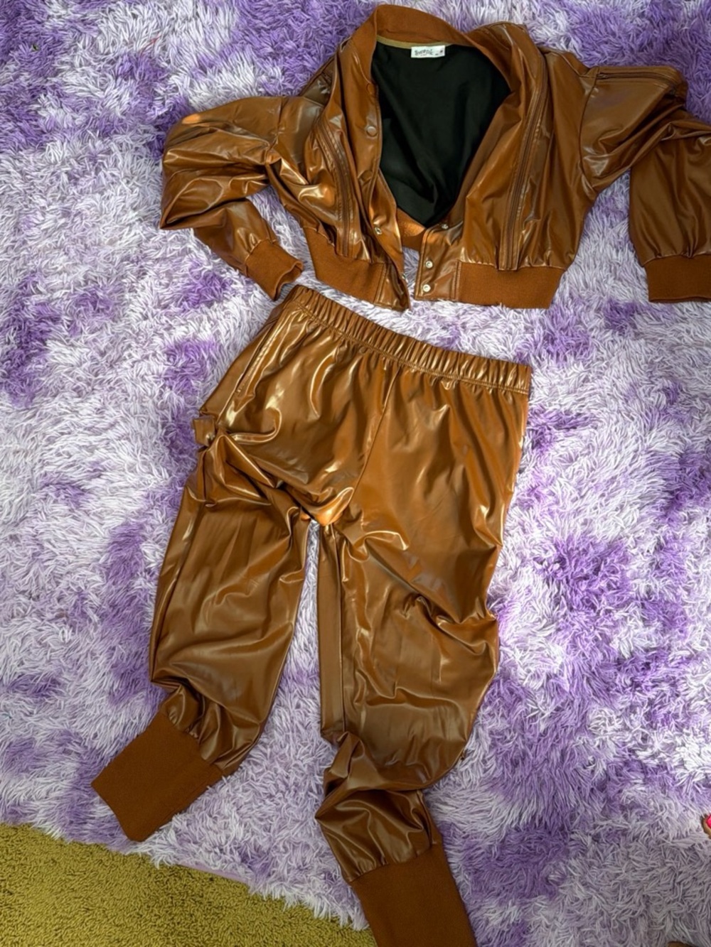 Women’s Brown Faux Leather Jogger Set - Bomber Jacket & Pants